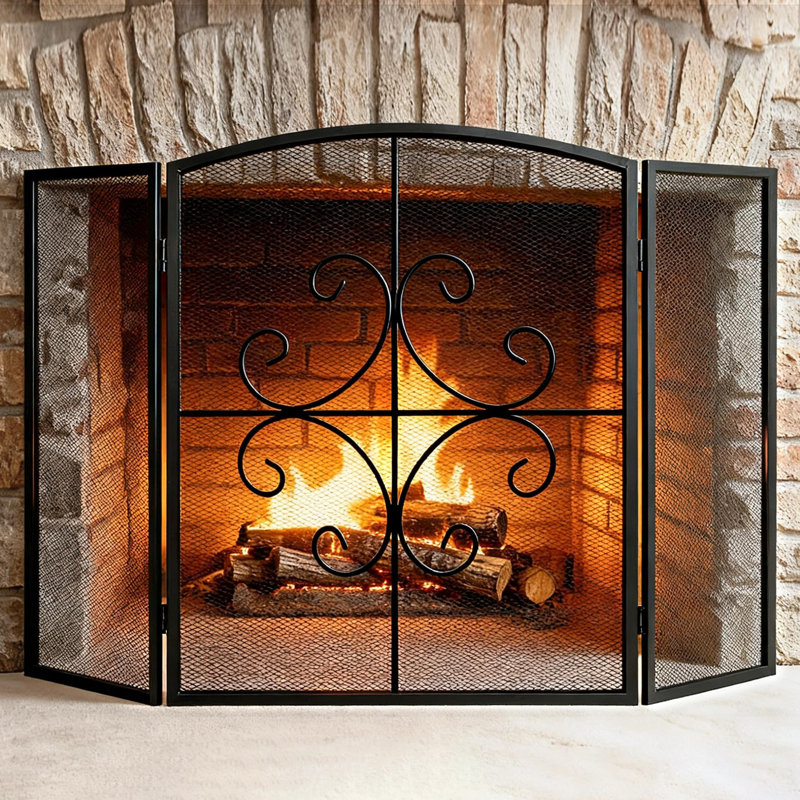 Pare-feu à 3 panneaux sur pied, 122 cm (L) x 74 cm (H), en fer forgé
