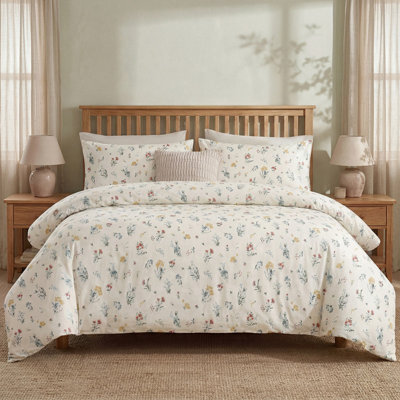 Queen Duvet Cover Set, 3-Piece 100% Cotton Twill Wildflower Floral Bedding, Soft Breathable Petite Floral Duvet Cover Set, Scattered Cottage Flower, White Multi
