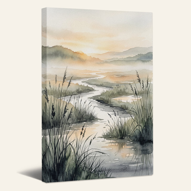 «Winding River and Tall Grass in Aquarelle», art mural sur toile, H 48 po x l 36 po