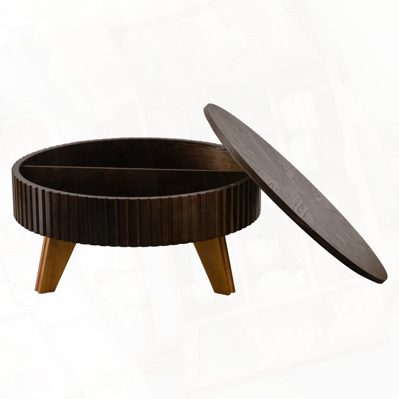 Retro Round Storage Coffee Table Versatile Functionality, 15.7" H x 31.5" L x 31.5" W, Brown Top/Natural Base