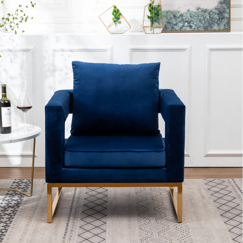 Chaise avec accoudoirs recouverts de tissu d'ameublement, Bleu, Doré