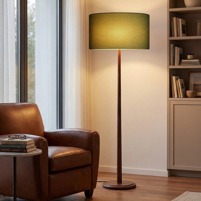61'' Modern Walnut Wood Minimalist Standing Floor Lamp with Green Linen Drum Shade, cULus Certified for Living Room Side Tables, Bedroom Corners, Home Offices or Study Rooms