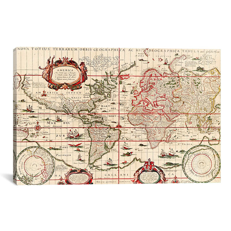 Carte du monde antique (Blaeu, willem janszoon 1606), impression sur toile, H 26 po x l 40 po x P 1,5 po, Pas de tapis