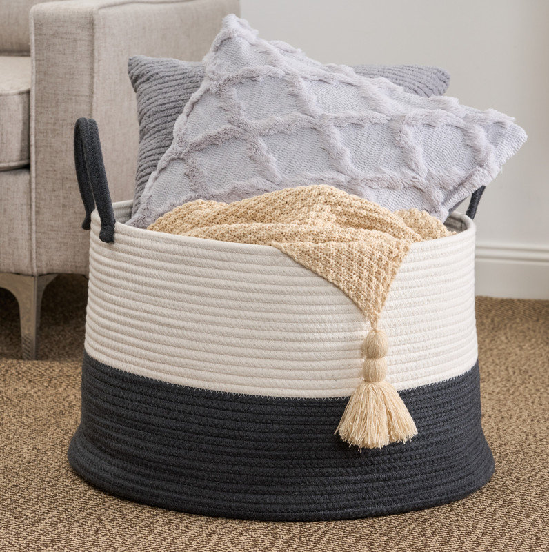 Panier à linge rond en coton blanc, Blanc / Gris