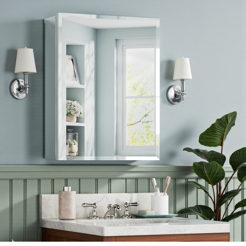 Aluminum Medicine Cabinet with Beveled Mirror, Assembly Needed, Recessed/Wall Mount,Side Mirror, Reversable Door