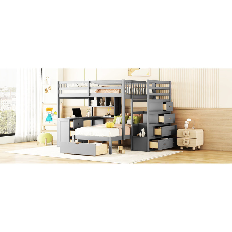 Lit superposé simple au-dessus de simple gris avec bureau, tiroirs et rangement pour un lit de chambre fonctionnel et relaxant, finition, tablettes