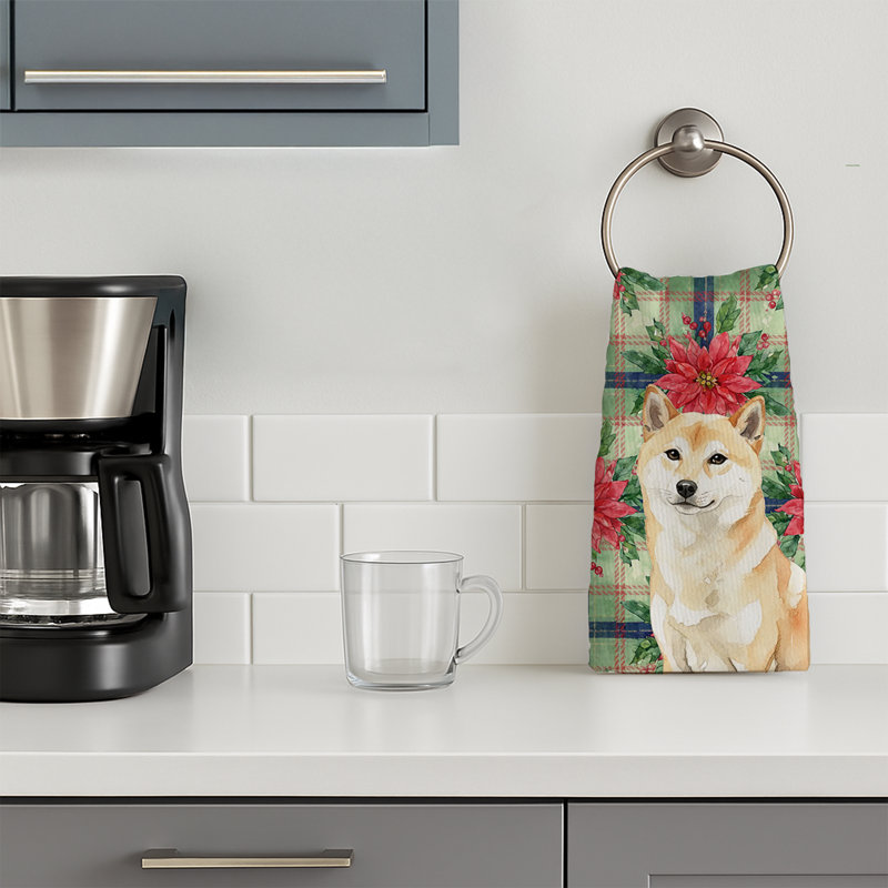 Cream Shiba Inu Christmas PoinsettIas Kitchen Towel, Cream Shiba Inu
