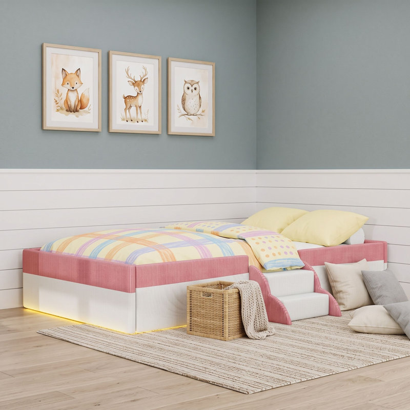 Lit en velours côtelé avec lumières DEL intelligentes et garde-corps de sécurité, Twin, Pink White