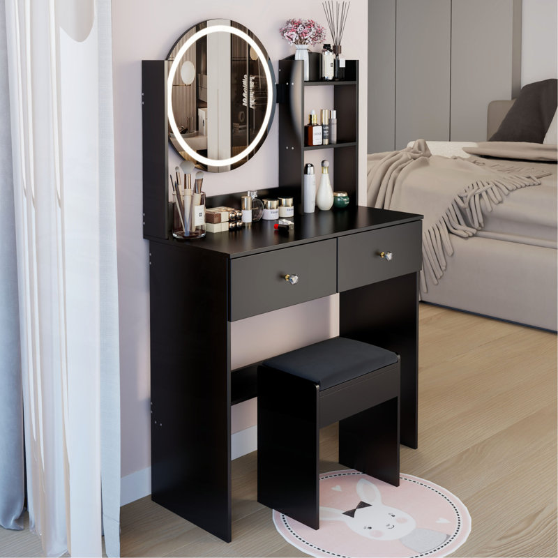 17" Round LED Mirror Vanity Table + Soft Cushion Stool Suit, Large Mirror, Touch Switch, 3 Colors, Adjustable Brightness, Large Desktop, Multi-Layer High Capacity Storage, Suitable For Small Space