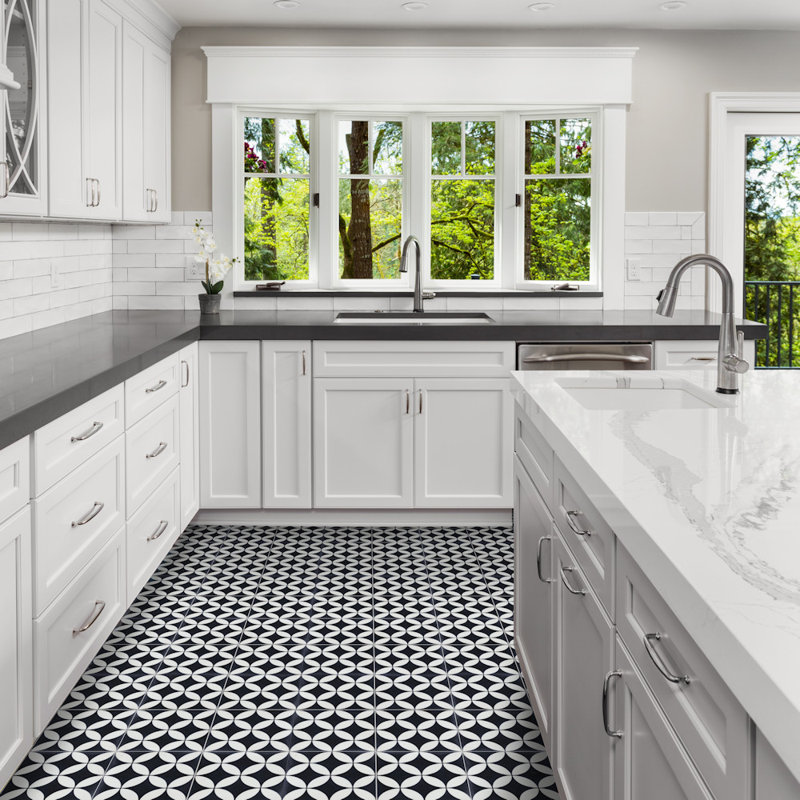 Circulos 8" x 8" Cement Patterned Wall & Floor Tile, Black/White Evening