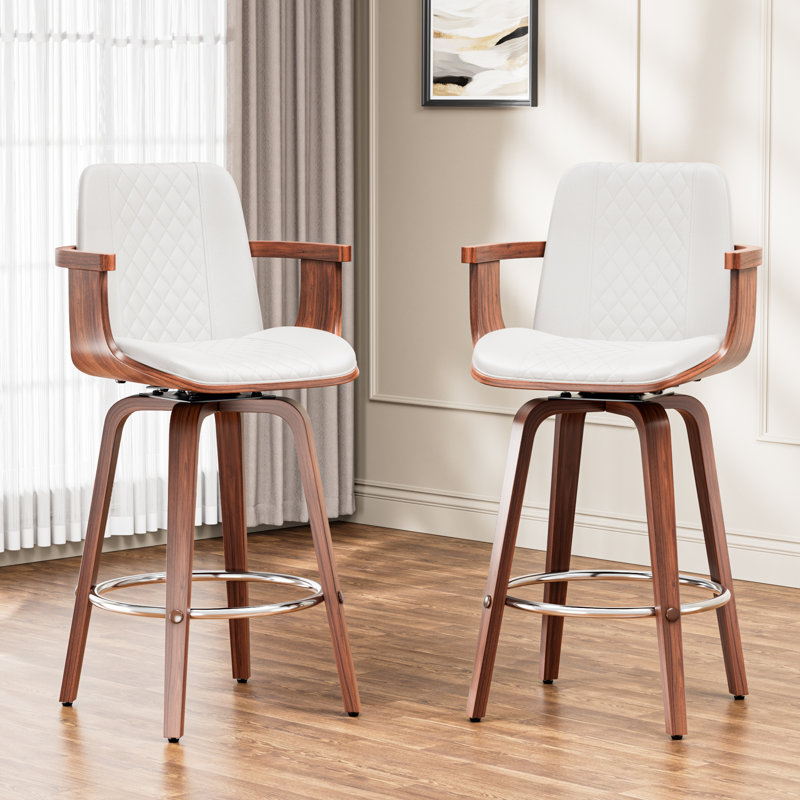 Modern PU Leather Bar Stools With Bentwood Armrests, Durable Frame, 360° Swivel, And Cushioned Comfort  Perfect For Kitchen, Home Bar, Or Dining Area