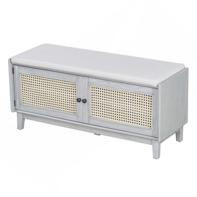Boho Rattan Entryway Bench With Storage, Cushioned Shoe Bench With Double Doors For Entryway And Hallway