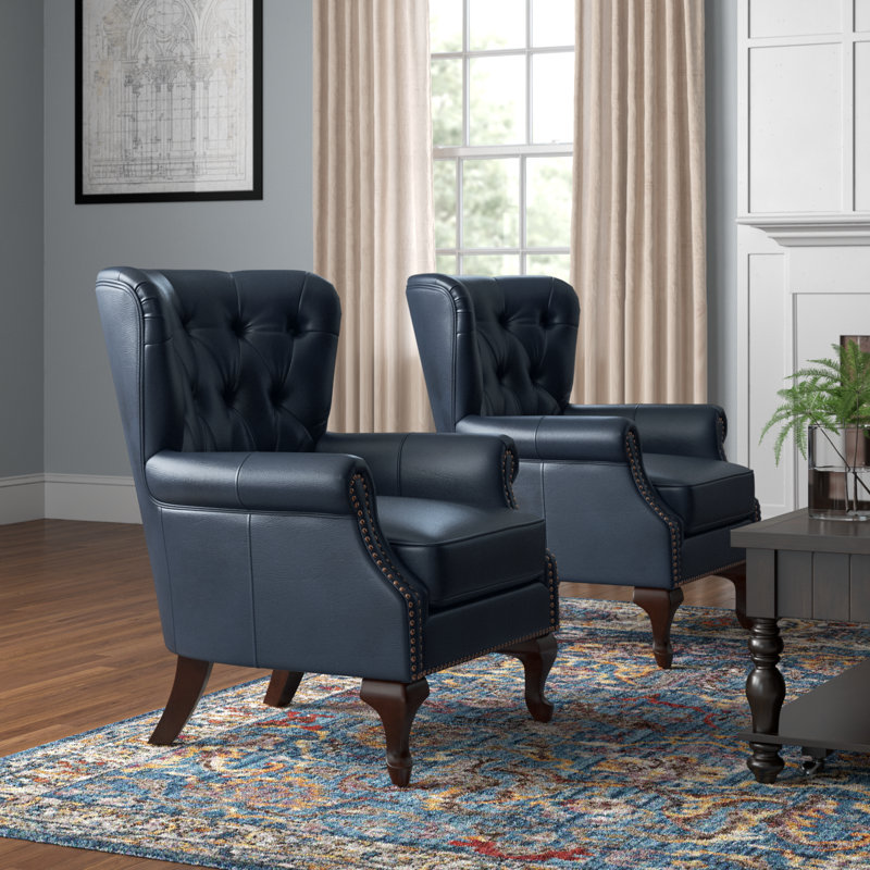 Ansumana 31.5" W Genuine Leather Wingback Club Chairs with Nailhead Trim, Navy