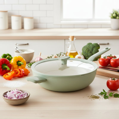 Poêle wok antiadhésive en céramique BergHOFF Leo Balance 32,4 cm (12,75 po), 6,2 pintes (6,2 l), couvercle en verre, sauge
