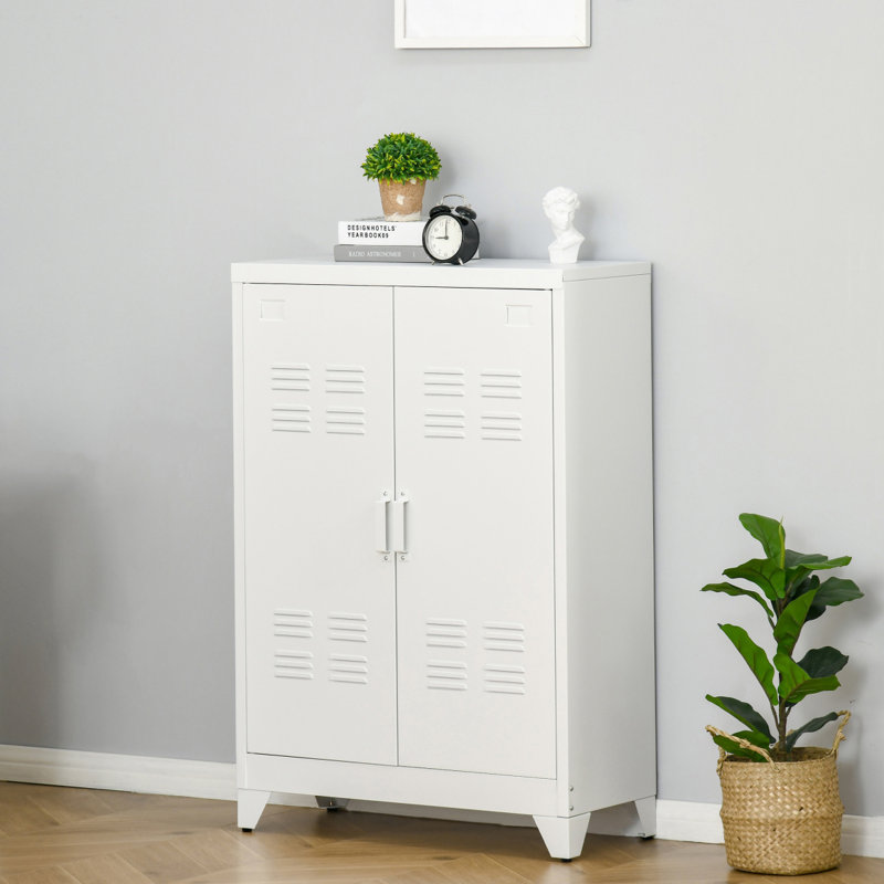 Industrial Storage Cabinet, Steel Garage Cabinet With Double Doors And Adjustable Shelves, White