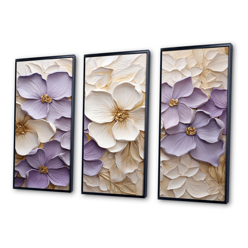 Violet et blanc, minimalisme, violettes - ensemble d'art sur toile, H 32 po x l 48 po x P 1 po, Cadre flottant noir