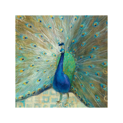 Blue Peacock On Gold by Peacock - Wrapped Canvas Painting