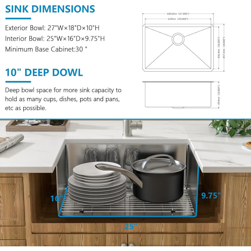 27"W Single Bowl Stainless Steel Undermount Kitchen Sink