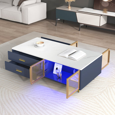 47.2'' Modern Navy Blue Coffee Table With Glass Door Storage, 4 Drawers, Gold Metal Legs, And Multi-Color LED Lighting | Gift Idea