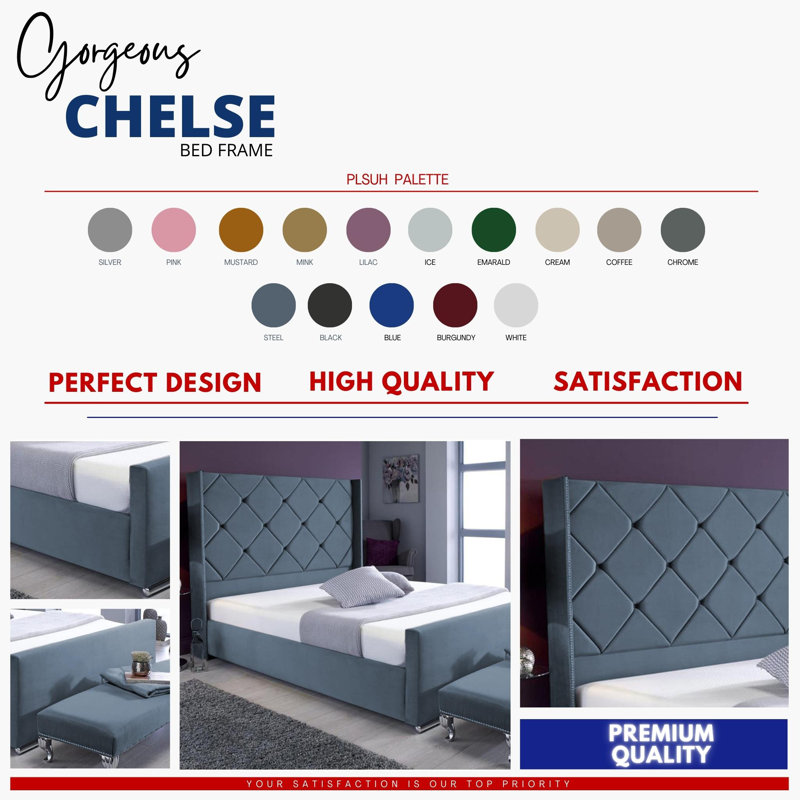 Descanso Chesterfield Velvet Upholstered Bed Frame - Buttoned Headboard, Chrome Feet, Super King (6'), Steel