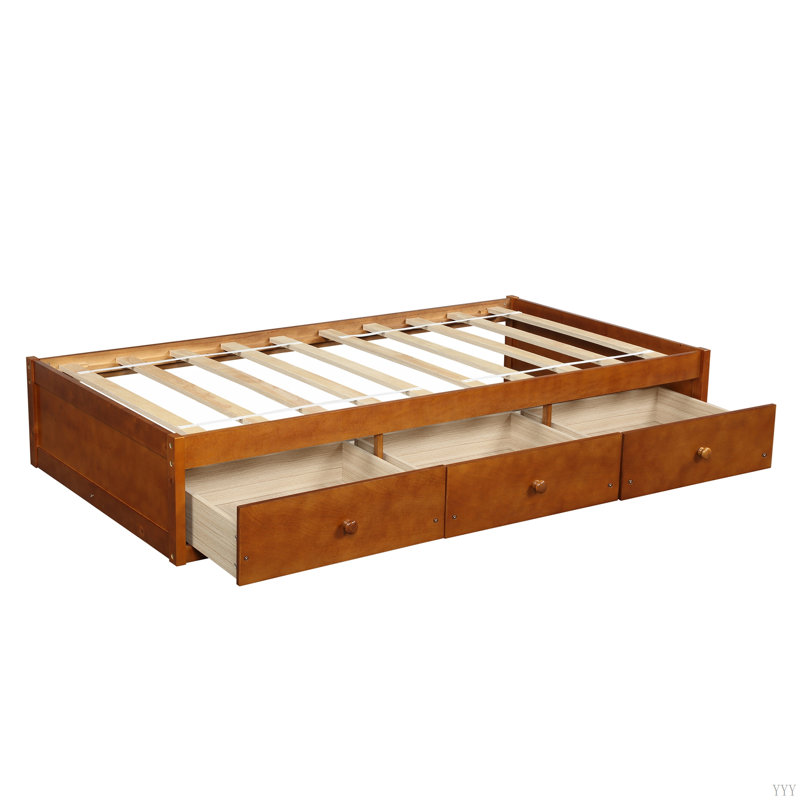 Lit plateforme simple avec rangement et 3 tiroirs, Chêne
