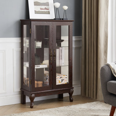 Vitrine 2 portes avec portes en verre trempé, armoires de terrasse avec panneau arrière en miroir et tablettes réglables, vitrine éclairée pour la maison, ampoule de bureau incluse cerisier