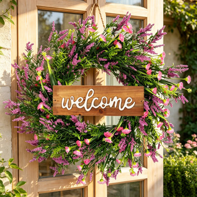 Couronne artificielle de lavande avec fleurs sauvages, guirlande décorative de style champêtre de 50 cm avec panneau de bienvenue en bois et feuilles vertes, rose