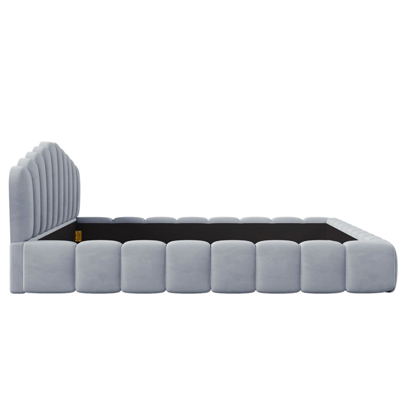 Structure de lit en velours pour grand lit avec tête de lit en forme de coquillage - Lit plateforme moderne, aucun sommier requis, assemblage facile, bleu clair