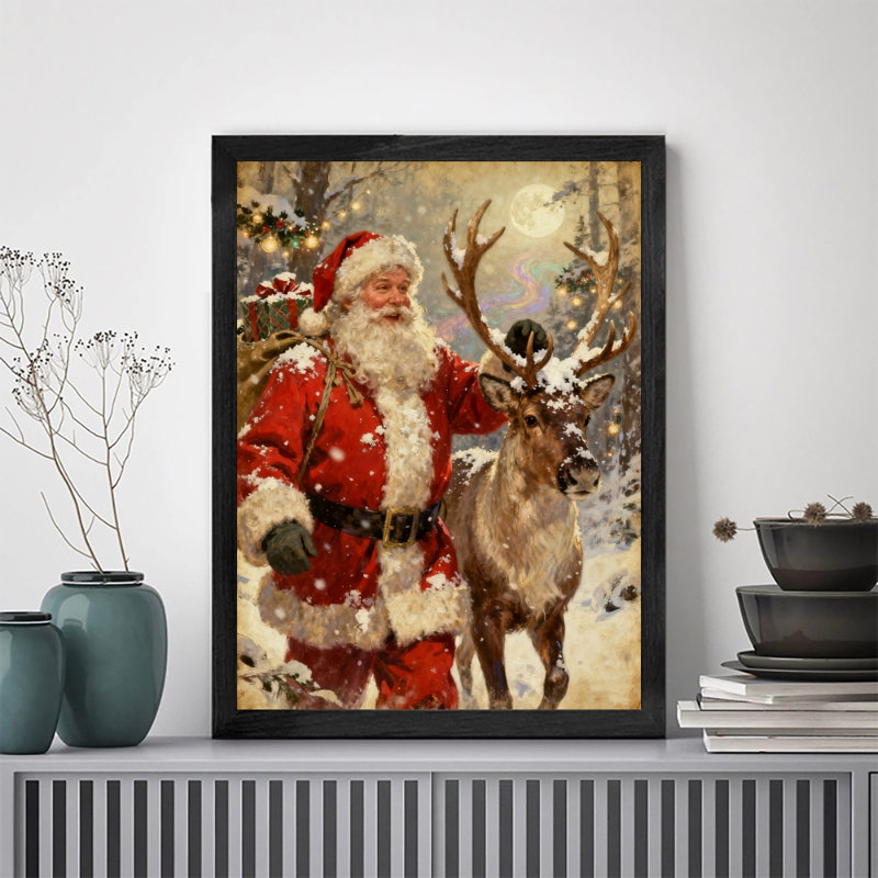Père Noël rétro noir encadré avec art mural de style rétro, H 11 po x l 9 po