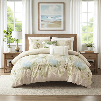 Housse de couette en coton 5 pièces pour impression botanique tropicale double / grand, fermeture à boutons, attaches intérieures, coussins tricotés avec coussins brodés, motif bleu, lavage en machine, étiqueté