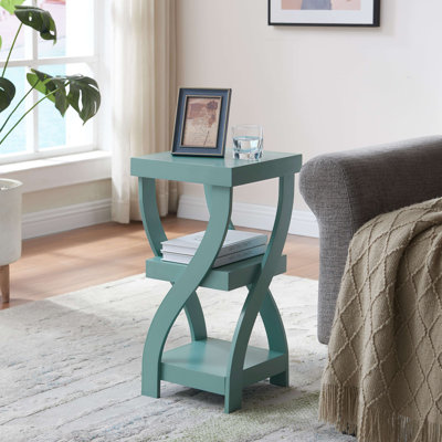 Twisted Wood Accent End Table, 3-Tier Side Table with Open Storage Shelves, Narrow Nightstand or Sofa Table for Bedroom, Living Room & Office - Teal