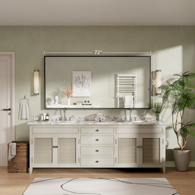 Molly Tempered Glass and Metal  Alloy Square-Corner Framed French Cleat Mounted Wall Bathroom / Vanity Mirror, 72" x 36"