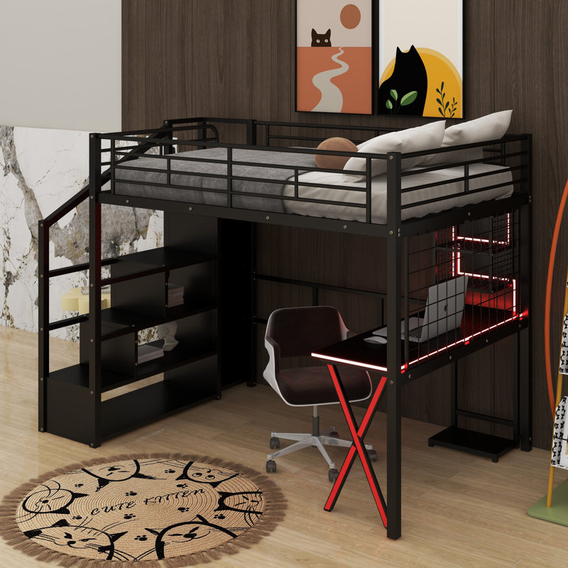Lit mezzanine double en métal avec poste de travail intégré, garde-robe et DEL