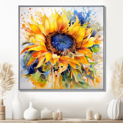 Yellow Blue Golden Cheerful Sunflowers - Wall Art Print On Canvas