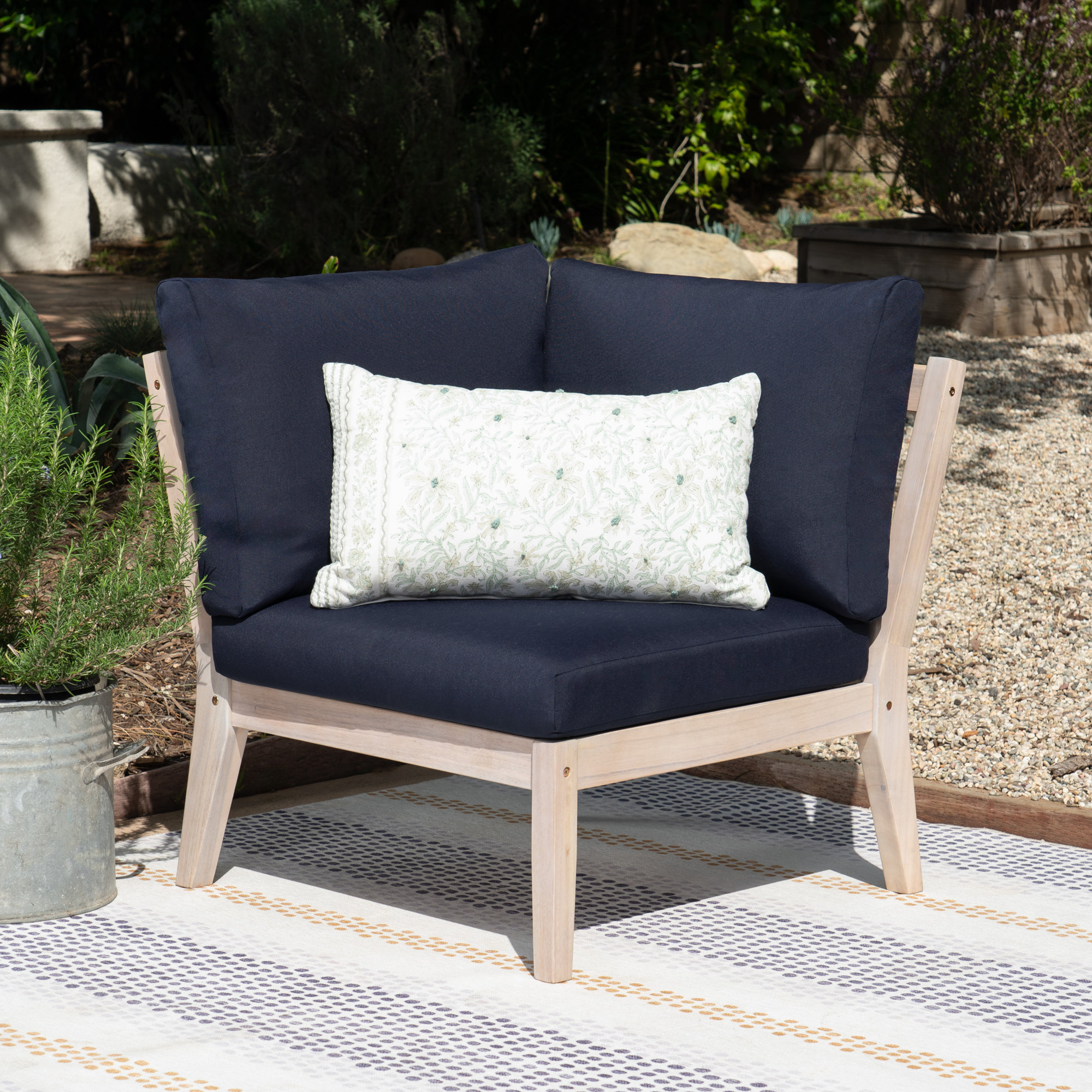 Amina Outdoor Solid Wood Acacia Corner Chair with Cushions, Navy