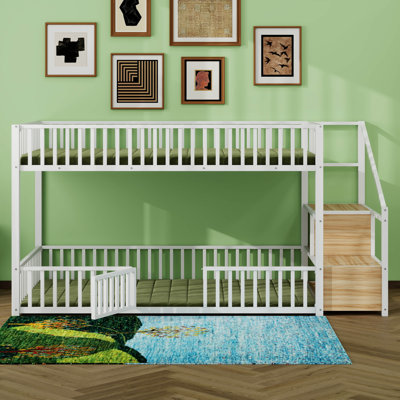 Twin Over Twin Bunk Bed With Stairs, Metal Floor Bunk Bed With Storage Ladder & Safety Guardrails