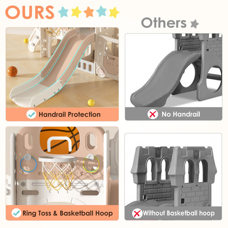 Beige and White 10-in-1 Toddler Slide Playset with Basketball Hoop
