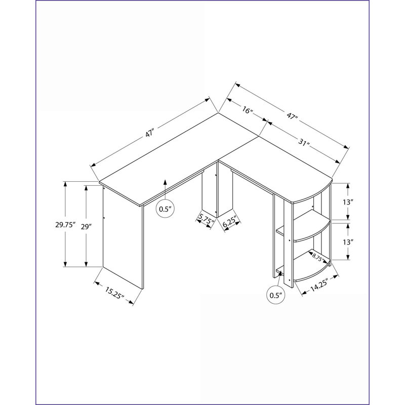 Bureaux, bureau en coin avec rangement en L, 48 po, stratifié brun moderne | Panneau de particules | Chêne, Marron foncé