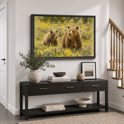 Brown Bear Family Wildflower Meadow Artwork, Nursery Pictures, Framed Canvas Giclee Print Wall Art