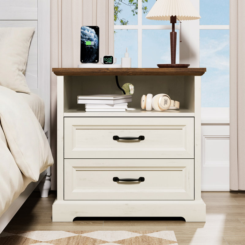 2-Drawer Farmhouse Nightstand With Power Outlet