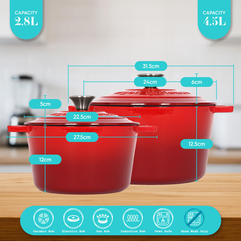 Argon Tableware - 2pc Round Cast Iron Casserole Dish Set - 2.8L / 4.5L, Red