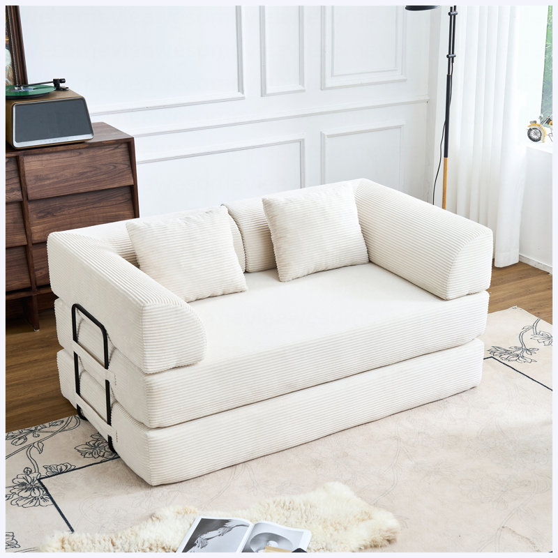 Canapé-lit convertible Corduroy, Velours côtelé beige et blanc