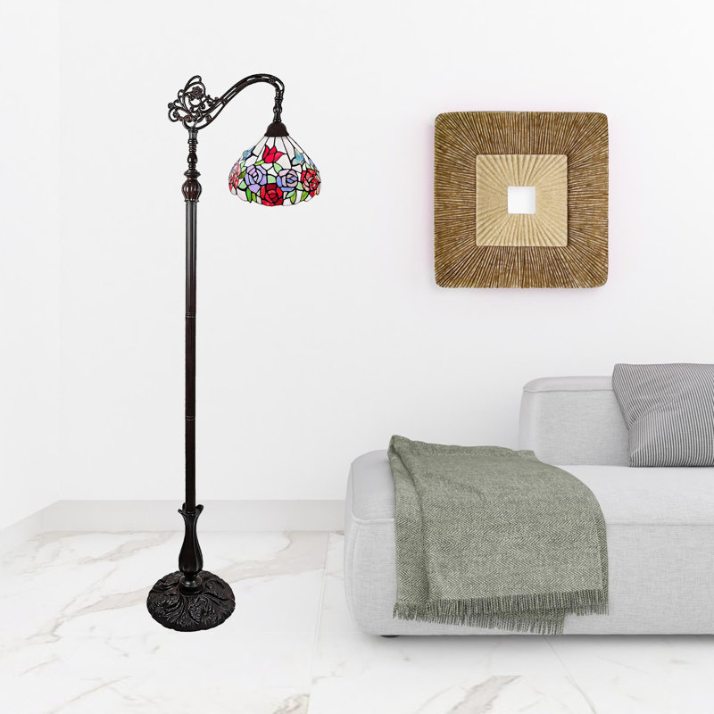 Lampe torchère sur pied 62 "en métal espresso avec abat-jour en verre vert et blanc