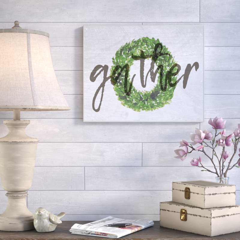«Gather Boxwood Wreath Typographie», art textuel, Plaque murale, 10 po x 15 po