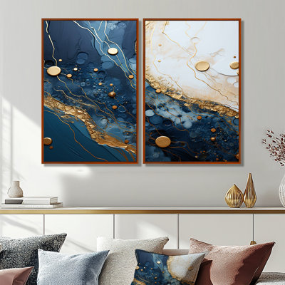 Encre de marbre or et bleu IV - Art abstrait à l'encre liquide