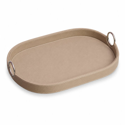 Saddle Leather Oval Tray In Stainless Steel