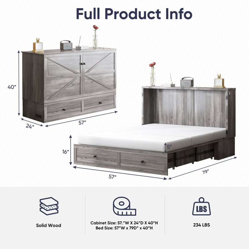 Full Size Murphy Bed Cabinet with Tri-fold Mattress & USB Charging, Grey, Full