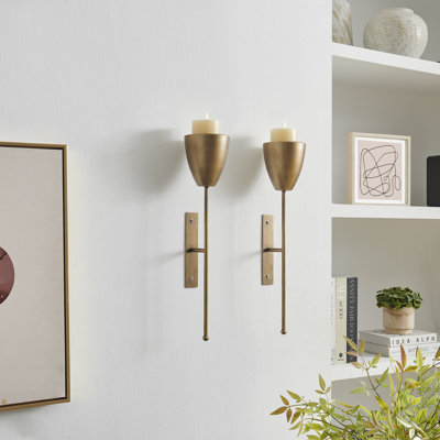 Ensemble de 2 appliques murales verticales en laiton antique Mid-Century