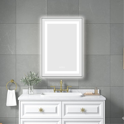 Miroir de salle de bain mural à DEL à brouillard tricolore à intensité variable 20 po x 32 po, cadre en aluminium, mémoire, couleur cendre, intensité variable 32 po,