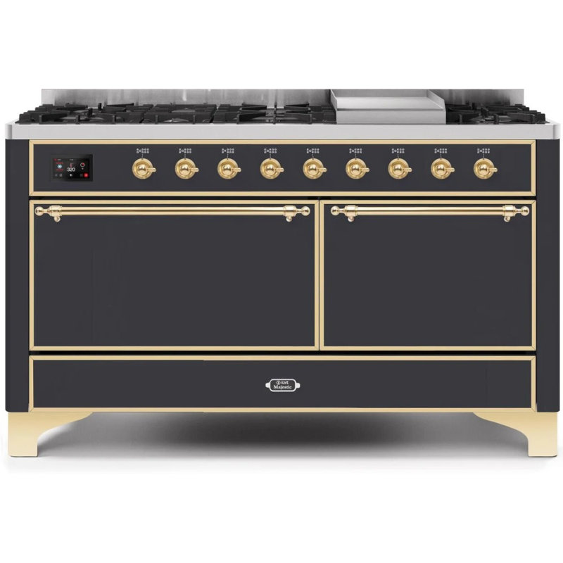ILVE UM15FDQNS3BKCLP Majestic II 60 inch Dual Fuel Range with 9 Burners, Griddle (Liquid Propane, Solid Door, Glossy Black, Chrome)